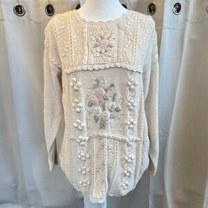 Vtg Dana Scott Sweater Medium Floral Embroidered Ramie Cottagecore Boho 20089